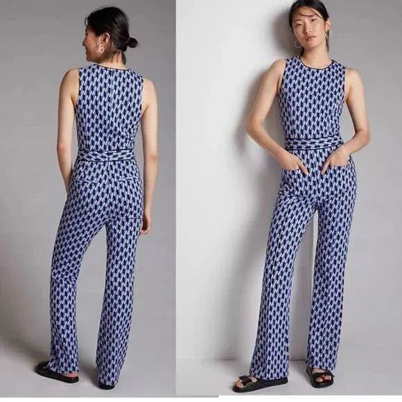 Anthropologie Maeve Small Blue Purple Graphic Print Ponte Wide-Leg Jumpsuit - Picture 1 of 6
